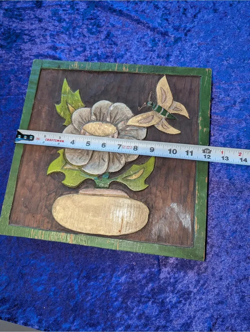 Hand-Carved Wooden Wall Art Plaque with Floral and Butterfly Design